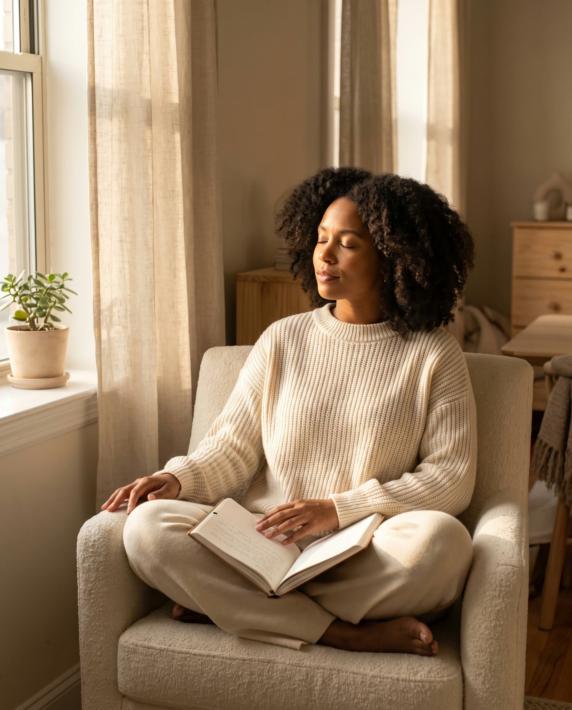 A woman sitting quietly in warm morning light with a journal, practicing calm reflection as part of the Happy pillar.