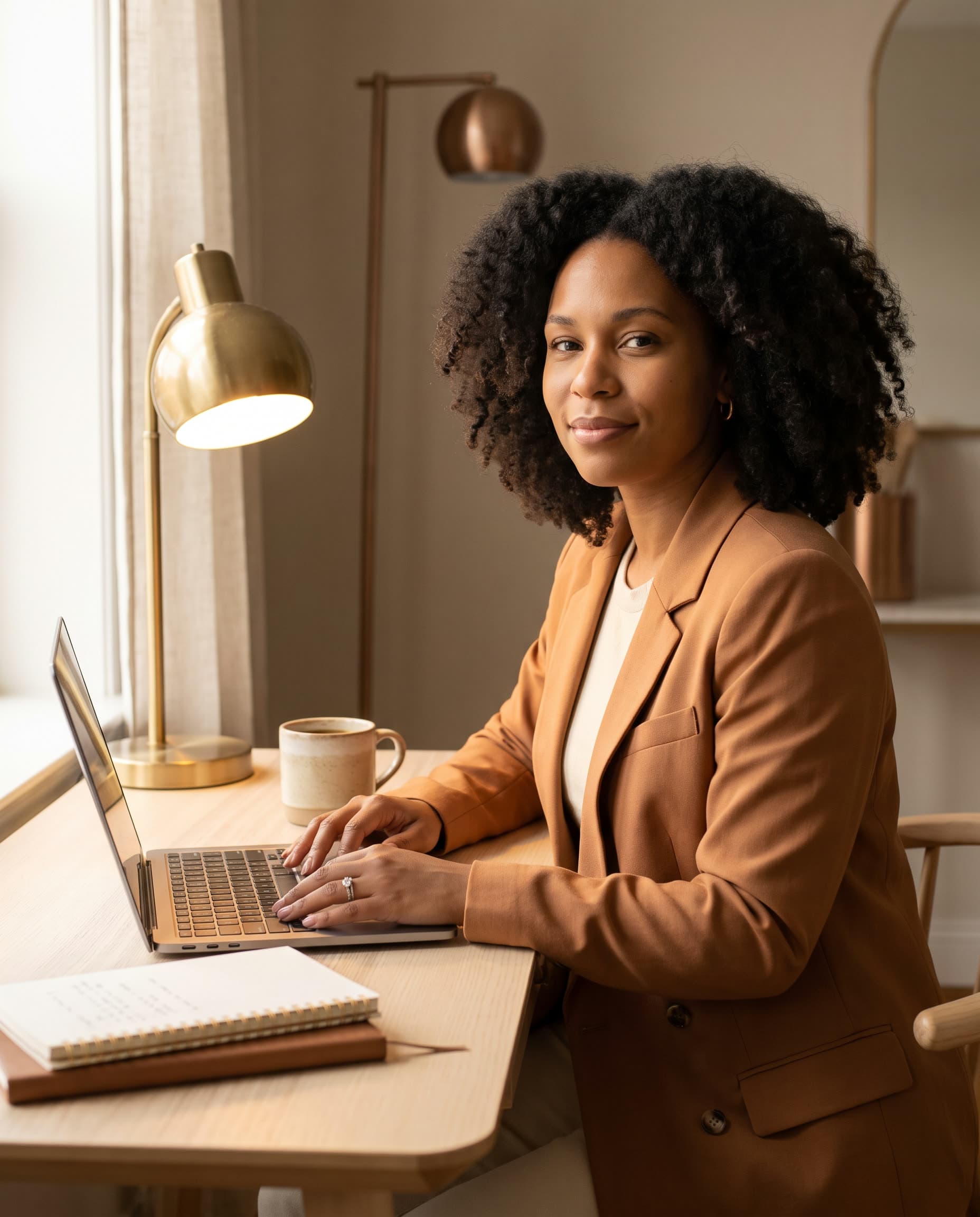 A woman working confidently at a desk with a laptop, part of the Wealthy pillar's focus on business and financial intelligence.